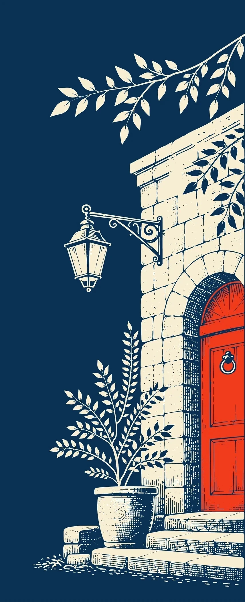 The BYLANE doorway: stonework, a lantern, an olive tree and a single orange door