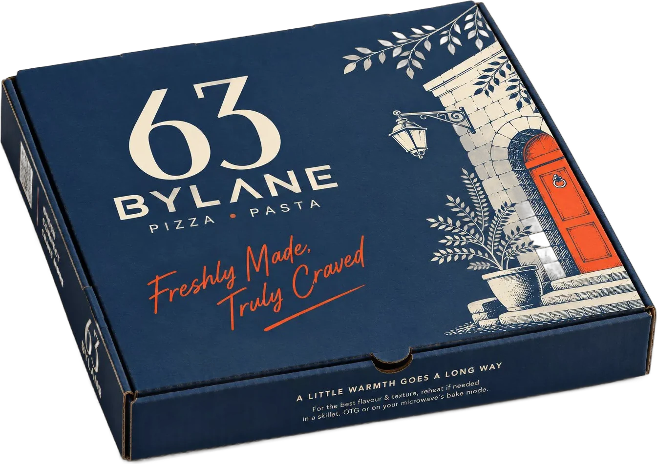 The navy 63 BYLANE pizza box with the orange door