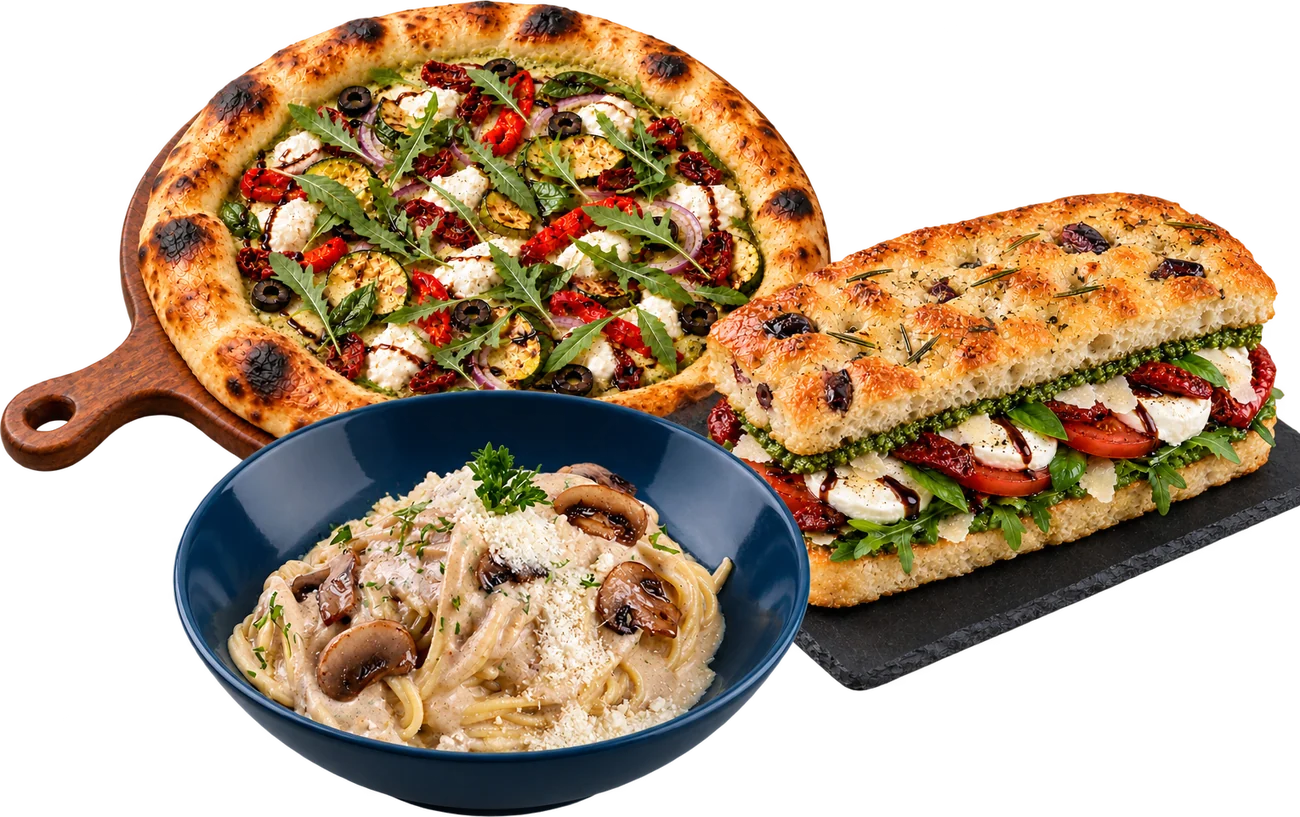 Pesto pizza, creamy mushroom spaghetti and a focaccia sandwich